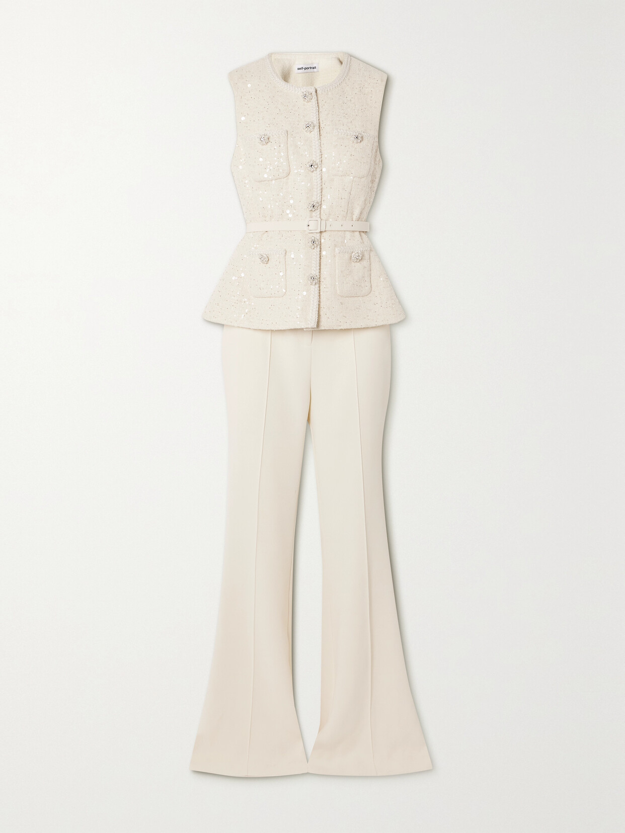 Self-portrait Convertible Belted Embellished Metallic Bouclé-tweed And Crepe Jumpsuit In Cream