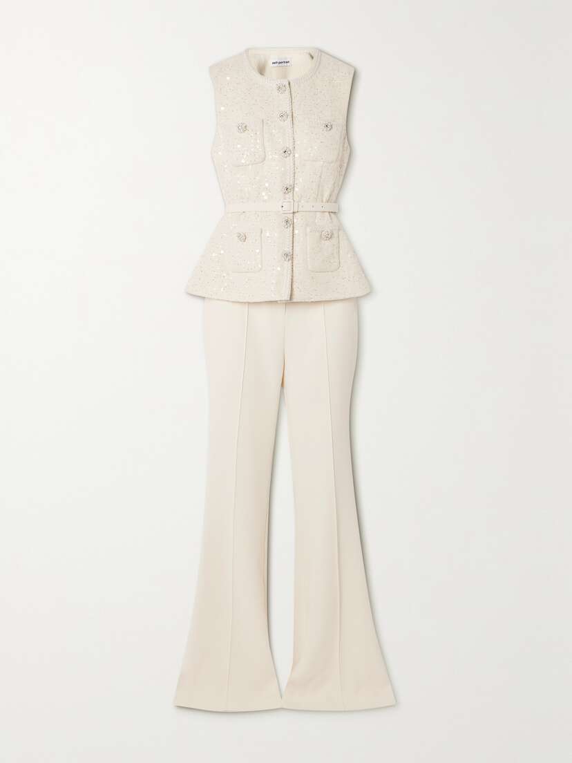 Self-Portrait Convertible Belted Embellished Metallic Bouclé-tweed And Crepe Jumpsuit
