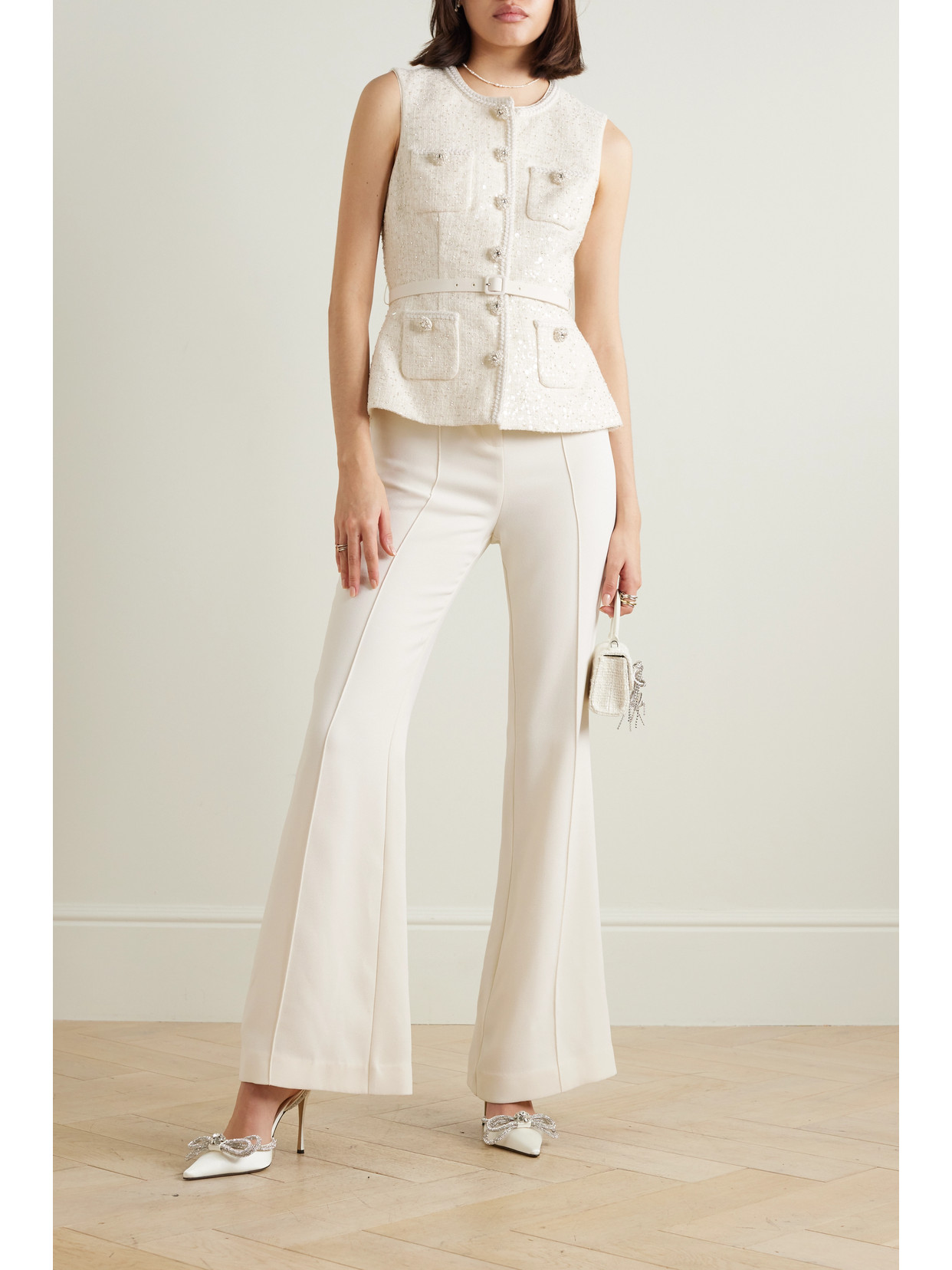 Shop Self-portrait Convertible Belted Embellished Metallic Bouclé-tweed And Crepe Jumpsuit In Cream