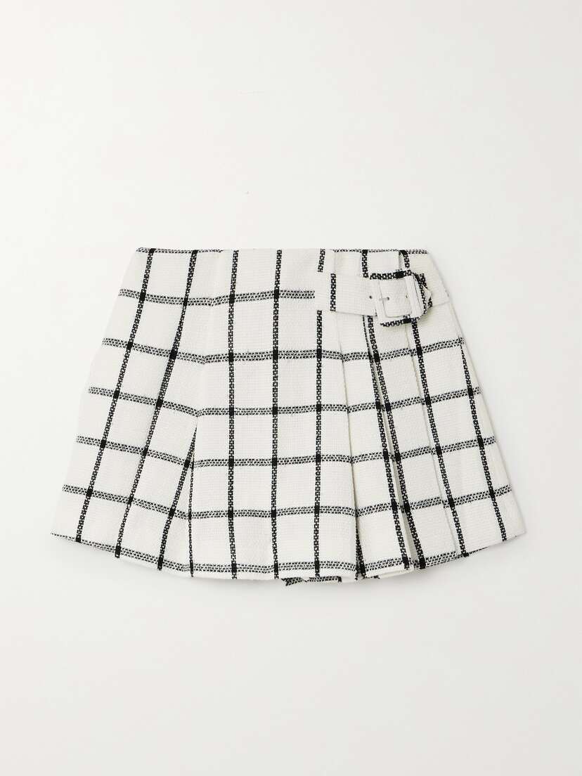 Self-Portrait Buckled Pleated Checked Tweed Shorts