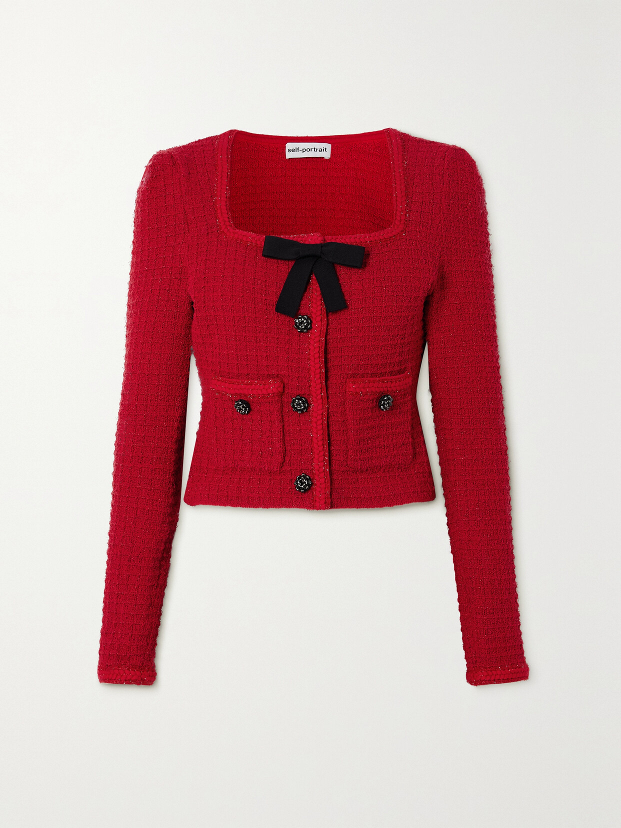 Self-Portrait - Cropped Embellished Metallic Bouclé-tweed Jacket - Red