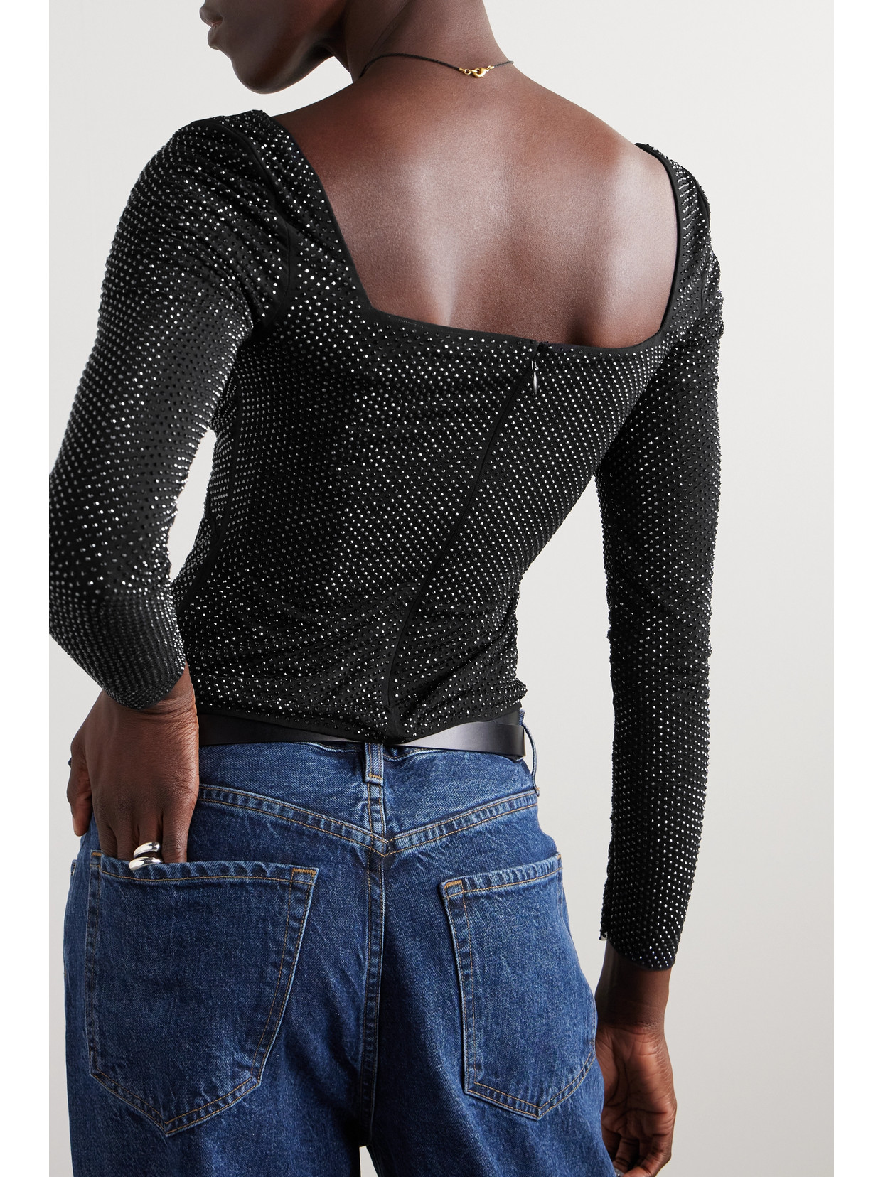 Twist-Front Cutout Crystal-Embellished Stretch-Mesh Top