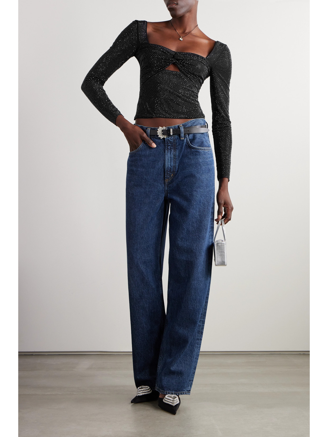 Twist-Front Cutout Crystal-Embellished Stretch-Mesh Top