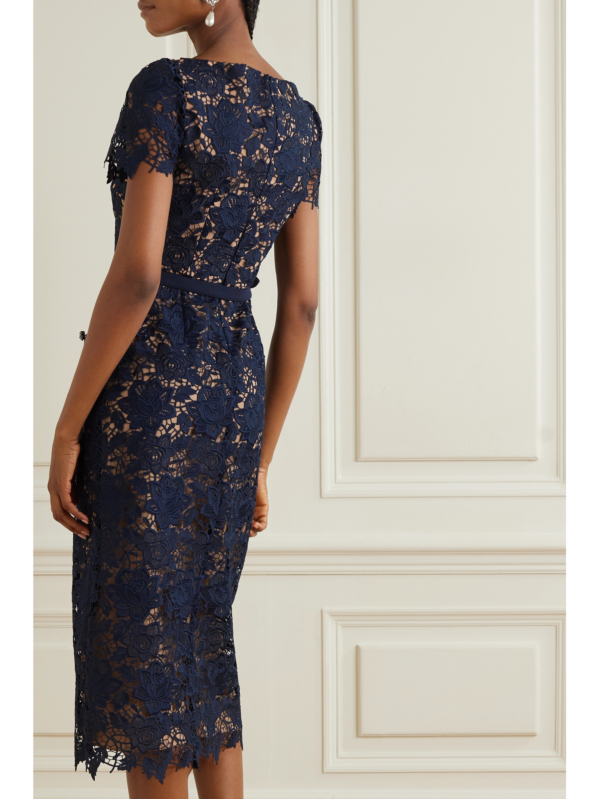 self-portrait Belted crystal-embellished guipure lace midi dress thumbnail