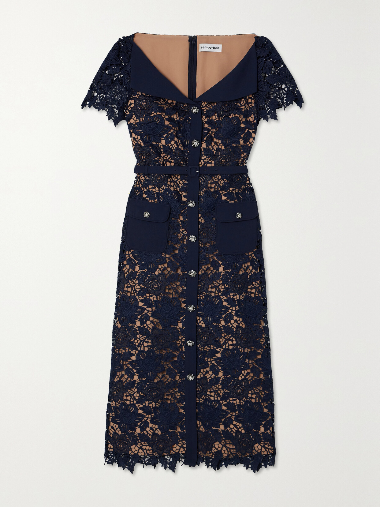 Shop Self-portrait Belted Crystal-embellished Guipure Lace Midi Dress In Blue