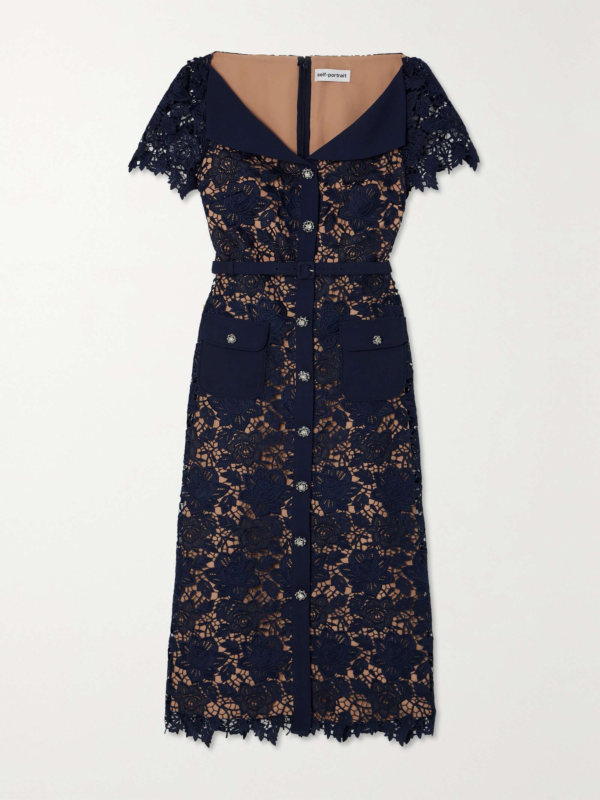 Belted crystal embellished guipure lace midi dress navy UK 10
