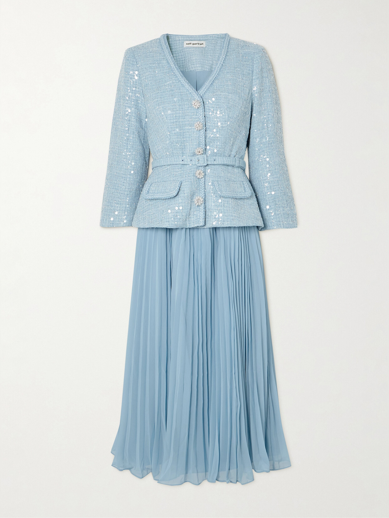 Self-Portrait - Embellished Sequined Bouclé And Pleated Chiffon Midi Dress - Blue