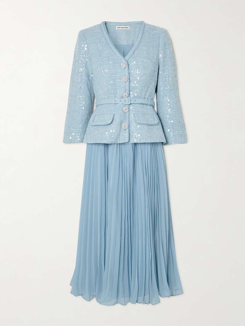 Self-Portrait Embellished Sequined Bouclé And Pleated Chiffon Midi Dress - UK 16