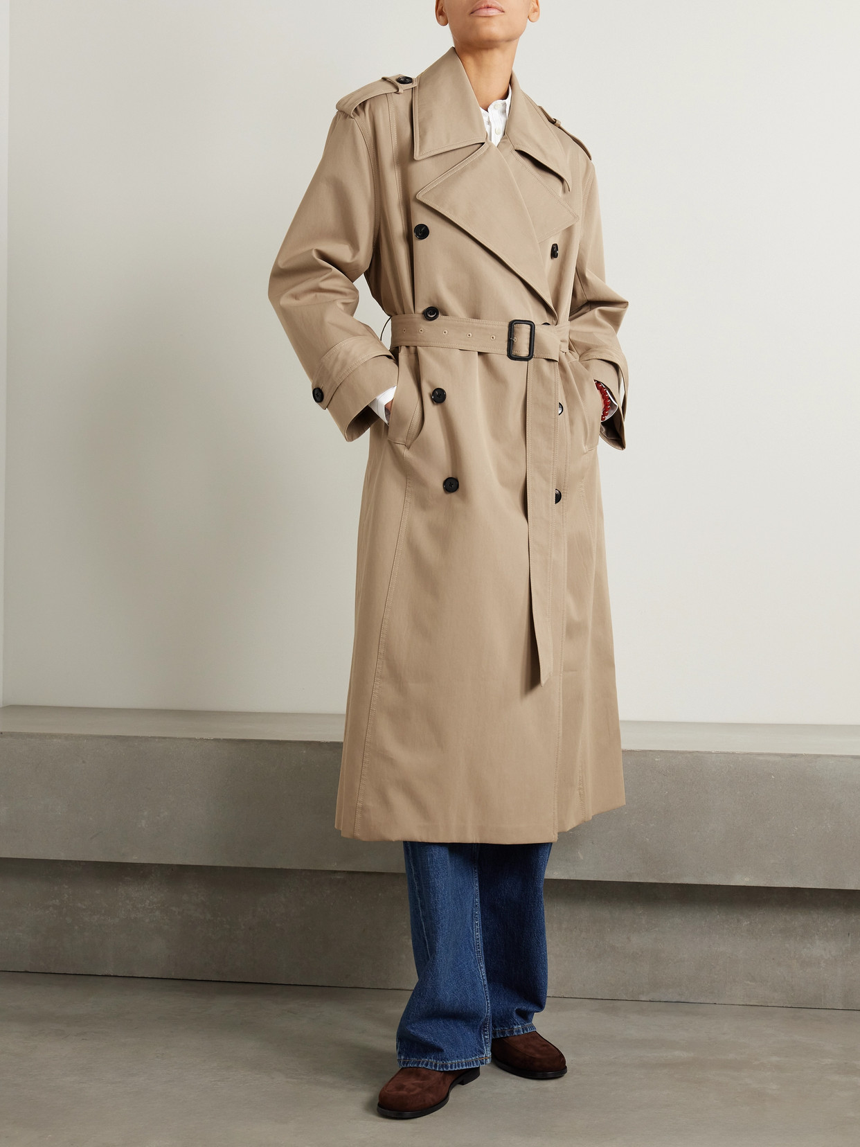 Co Belted Double-breasted Tton-blend Twill Trench At In Brown
