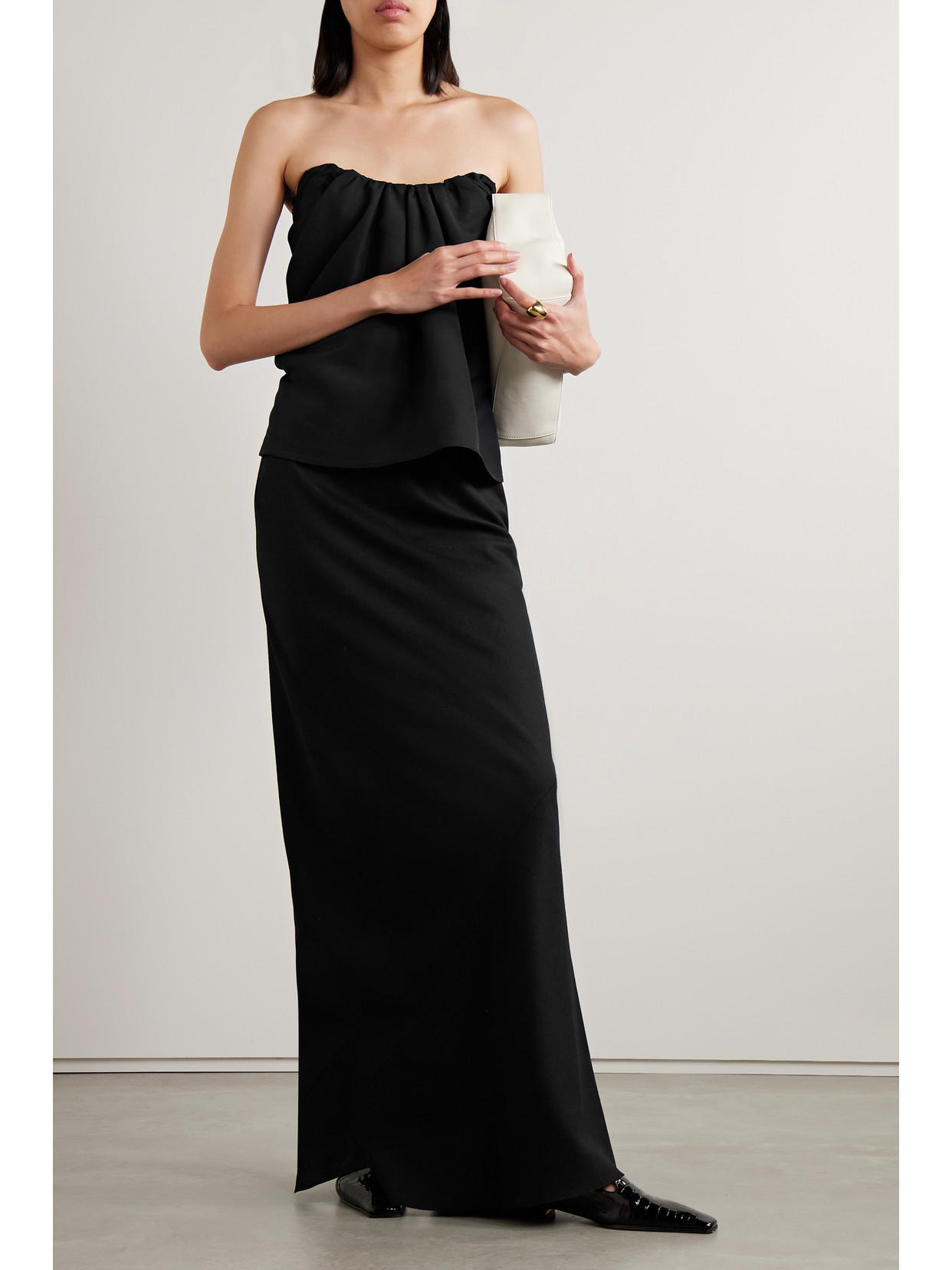 Co Strapless Gathered Crepe Top In Black