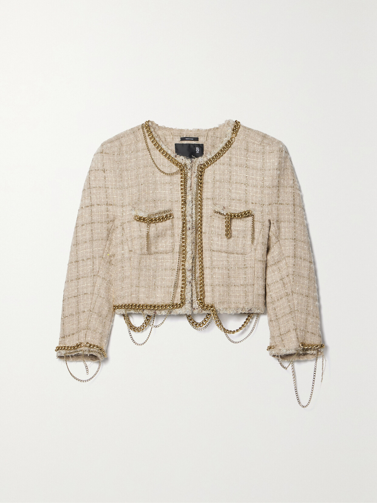 Shop R13 Cropped Chain-embellished Metallic Wool-blend Tweed Jacket In Neutrals