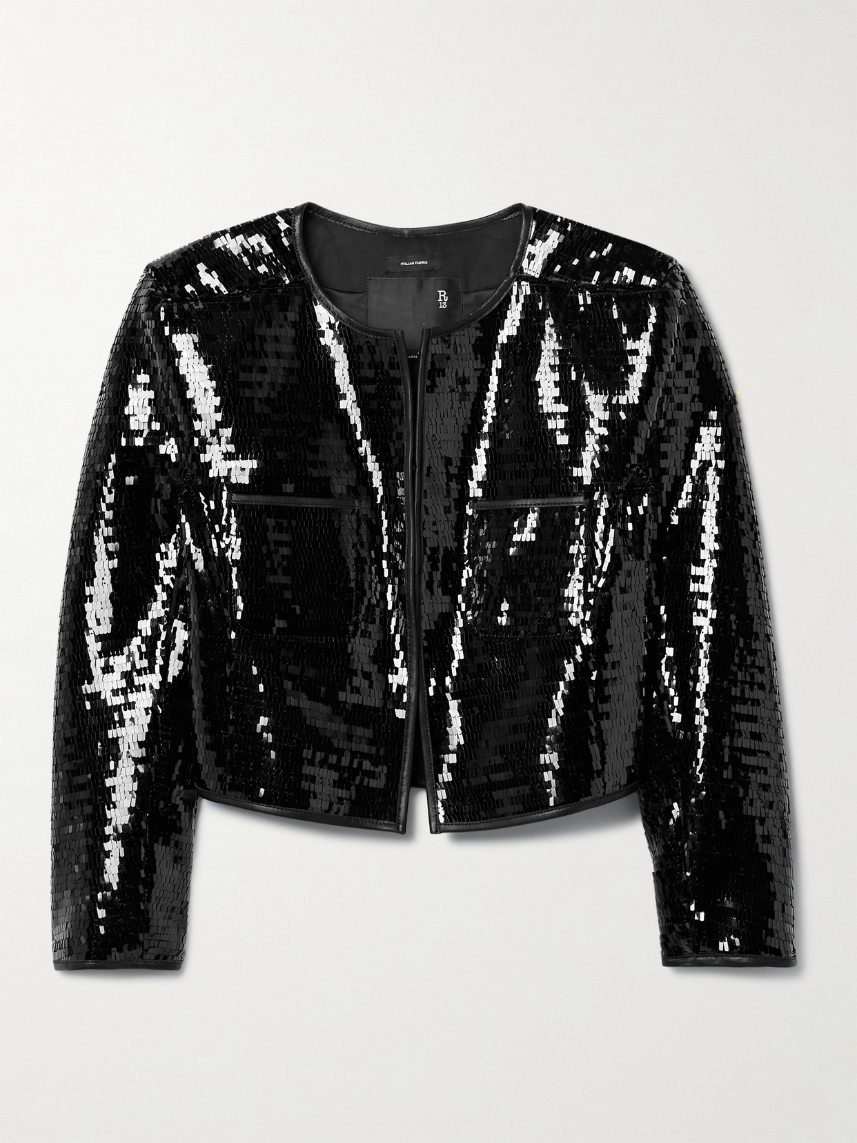 R13 Cropped Leather-trimmed Sequined Twill Jacket In Black