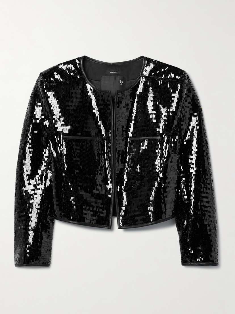 R13 Cropped Leather-trimmed Sequined Twill Jacket