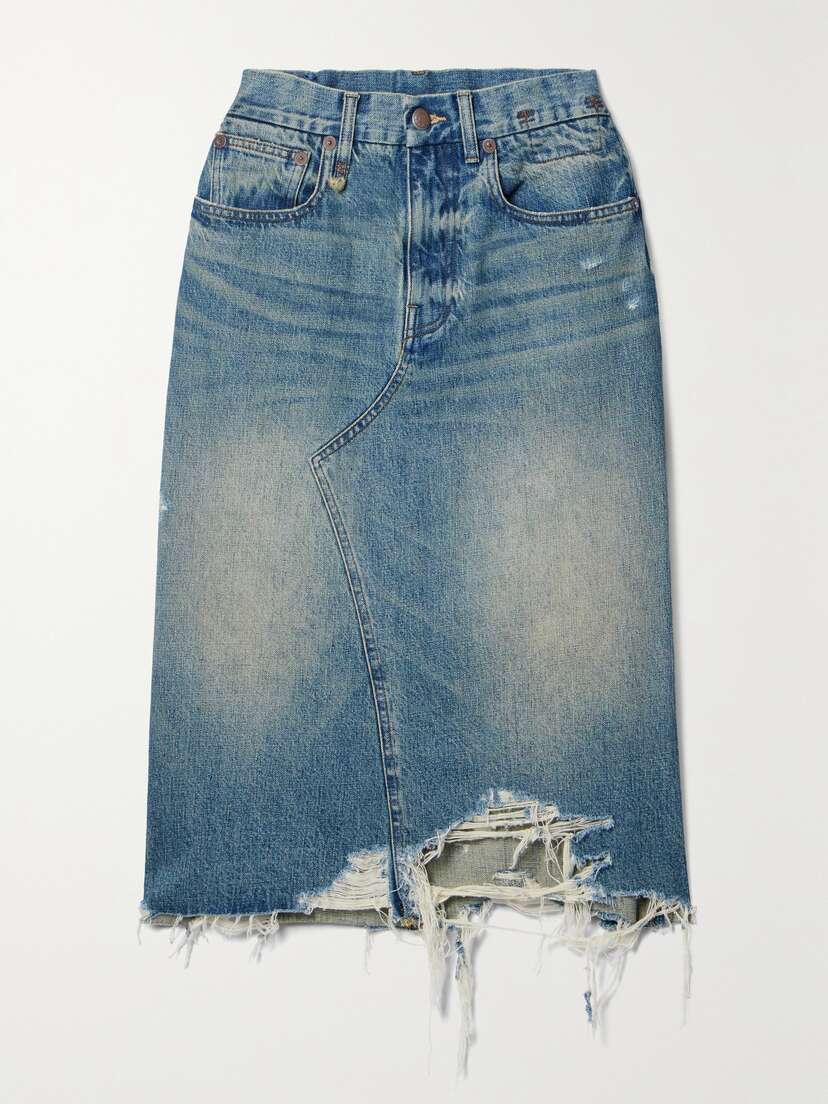 R13 Jesse Distressed Denim Midi Skirt