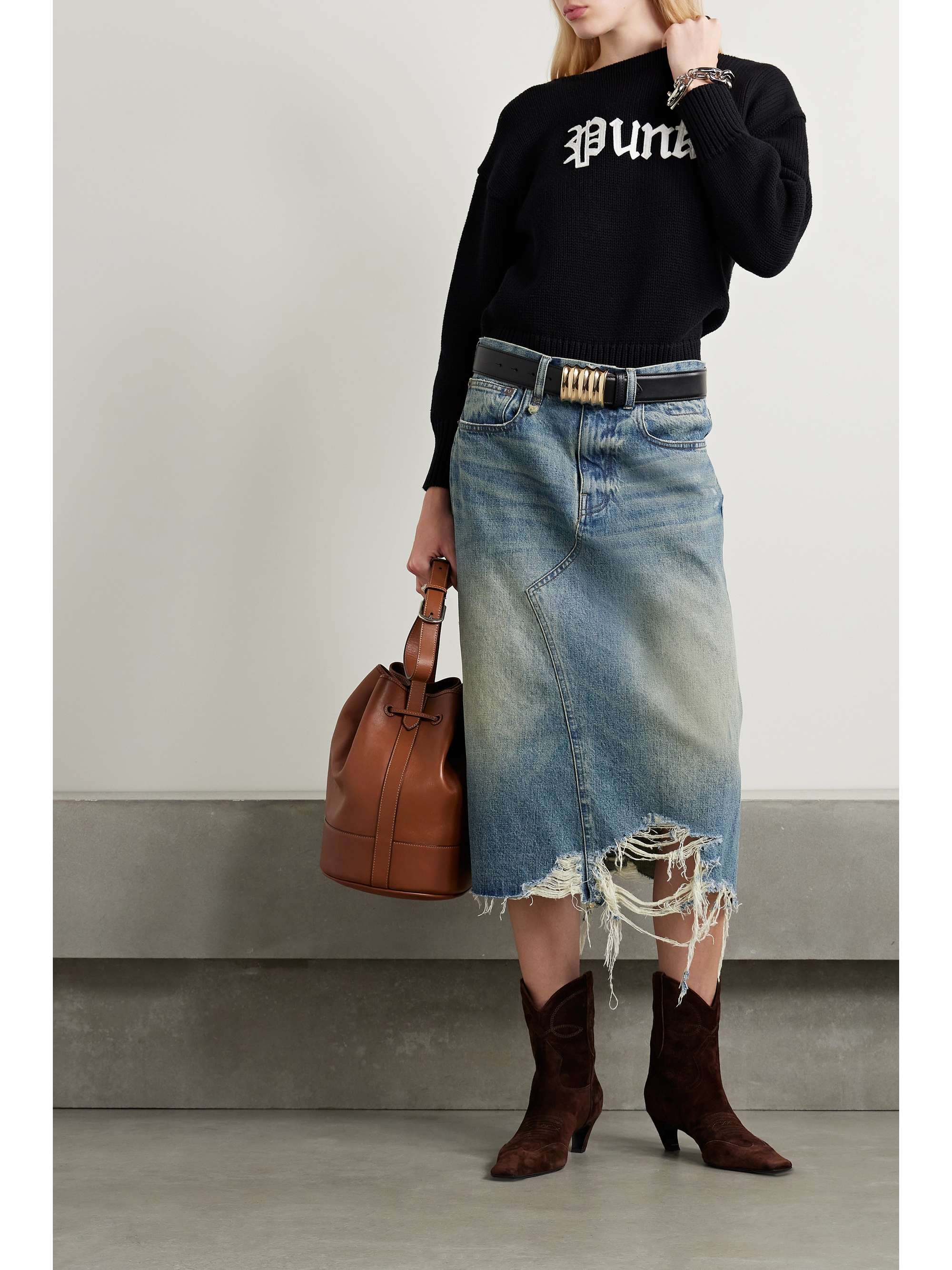Ripped denim skirt midi hotsell