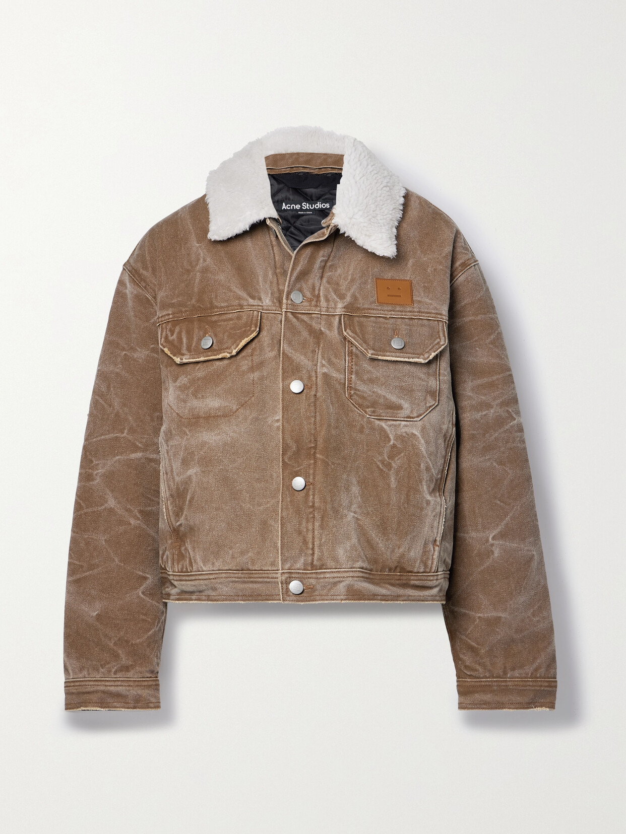 Shop Acne Studios Faux Shearling-trimmed Padded Distressed Denim Jacket In Brown