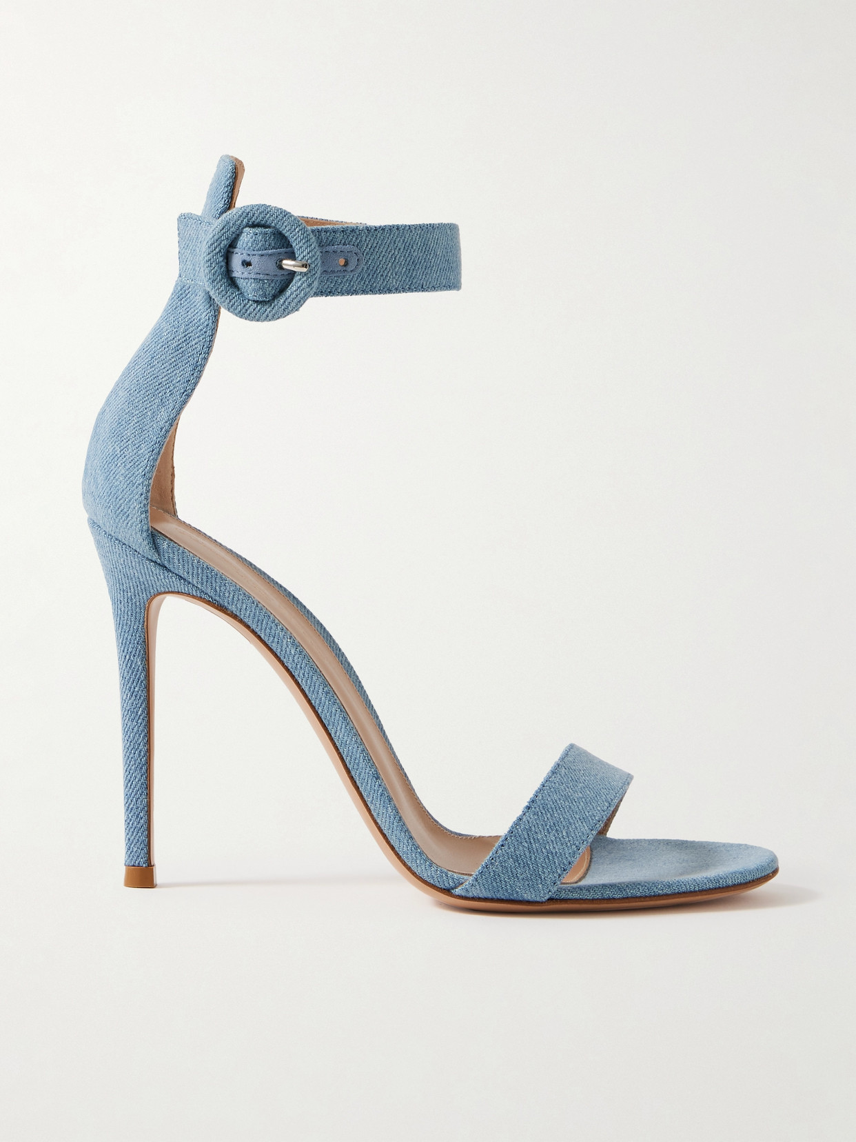 Gianvito Rossi Suede Open Round Toe Sleek Shape Buckled Ankle Strap Logo-printed Insole Very Thin Sole Stiletto Hee In Air