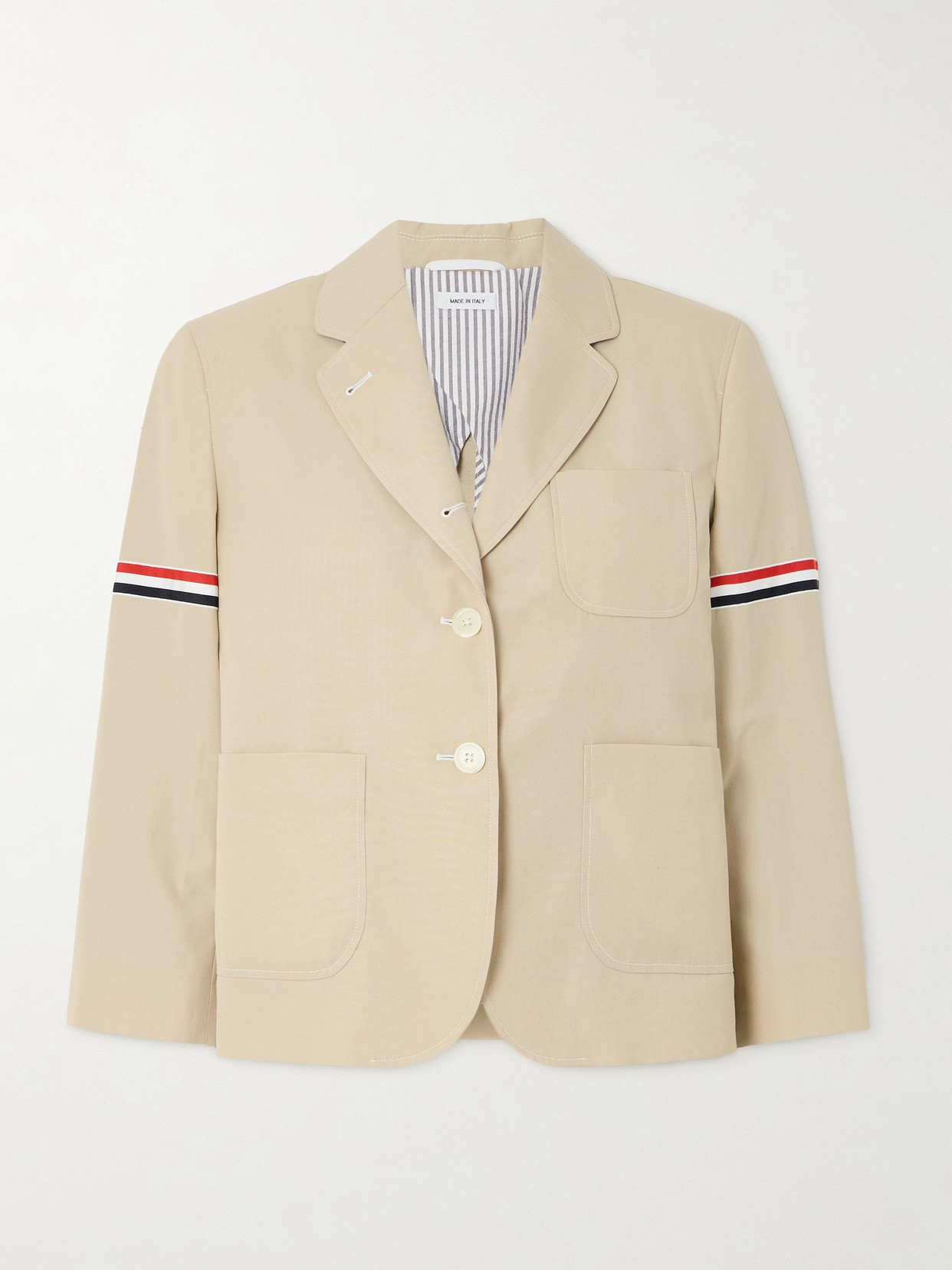 Shop Thom Browne Cropped Striped Grosgrain-trimmed Canvas Blazer In Neutrals