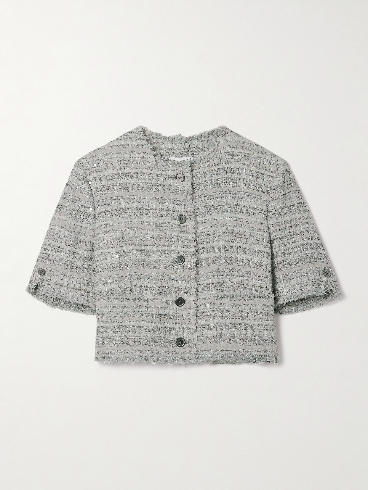 Thom Browne Cropped Sequin-embellished Tweed Jacket In Gray