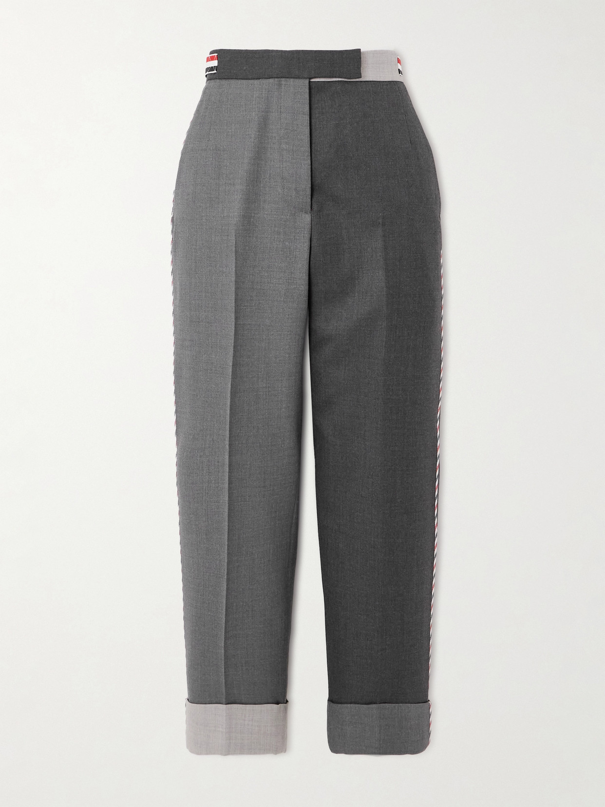 Thom Browne Color-block Piped Straight-leg Wool Pants In Gray