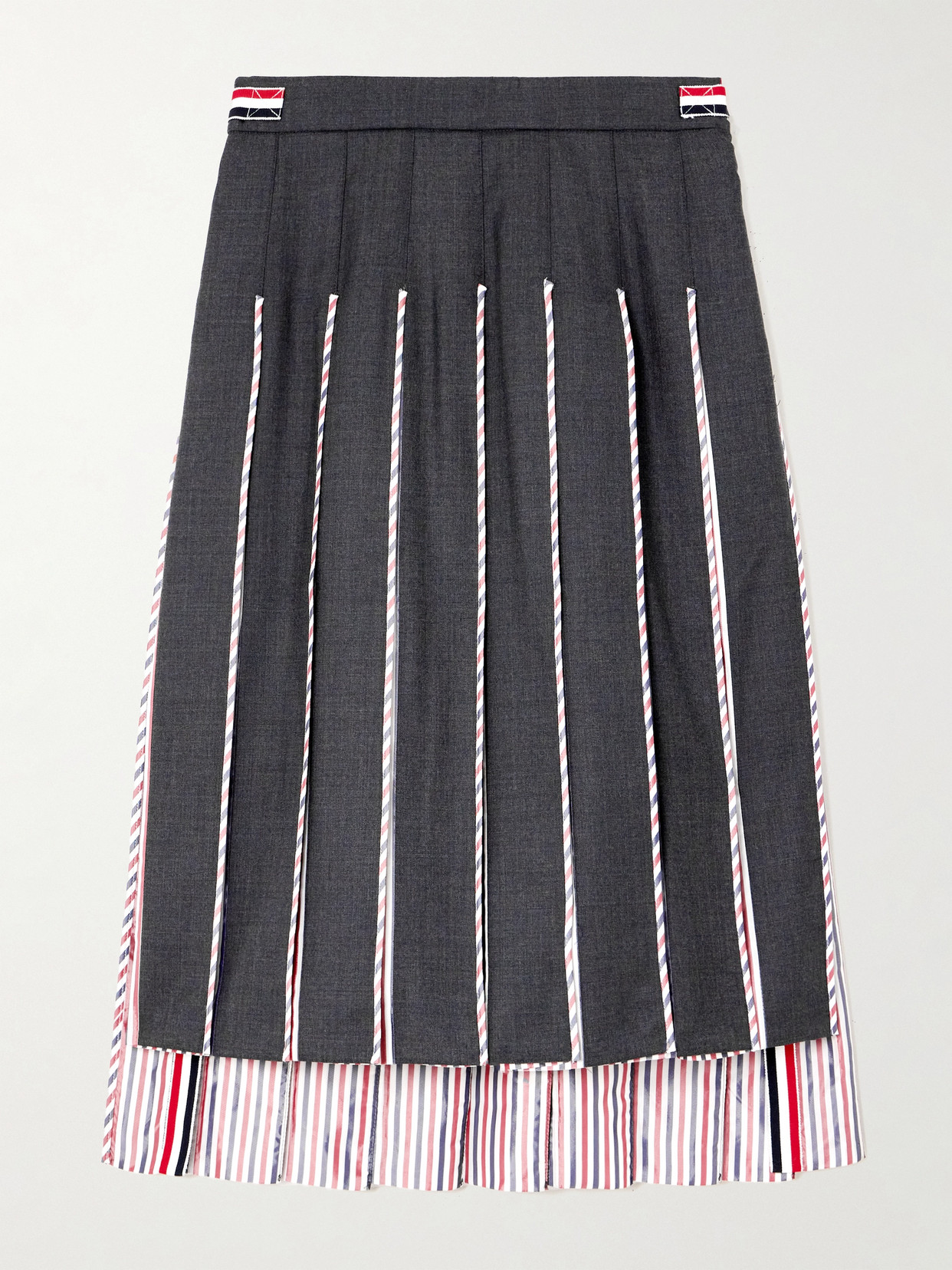 Shop Thom Browne Pleated Striped Poplin-trimmed Wool Midi Skirt In Gray