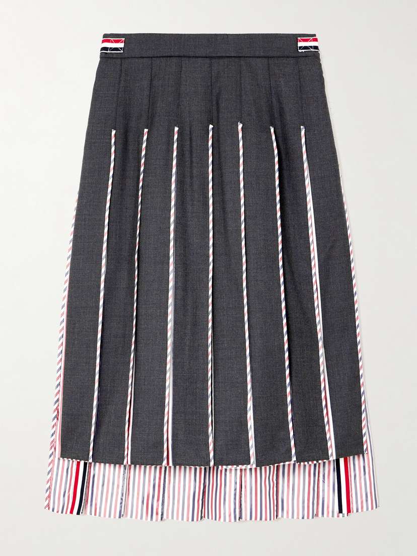 Thom Browne Pleated Striped Poplin-trimmed Wool Midi Skirt