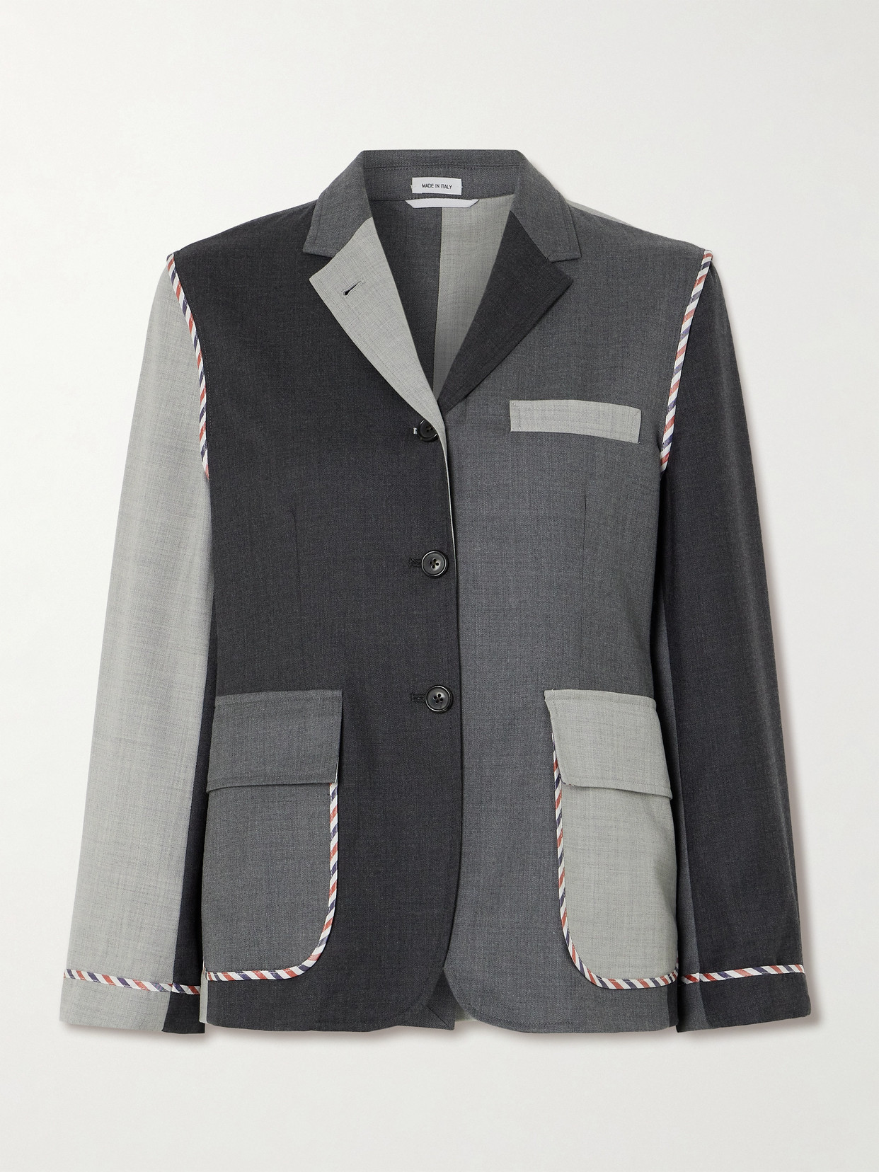 Thom Browne Canvas-trimmed Patchwork Wool Blazer In Gray