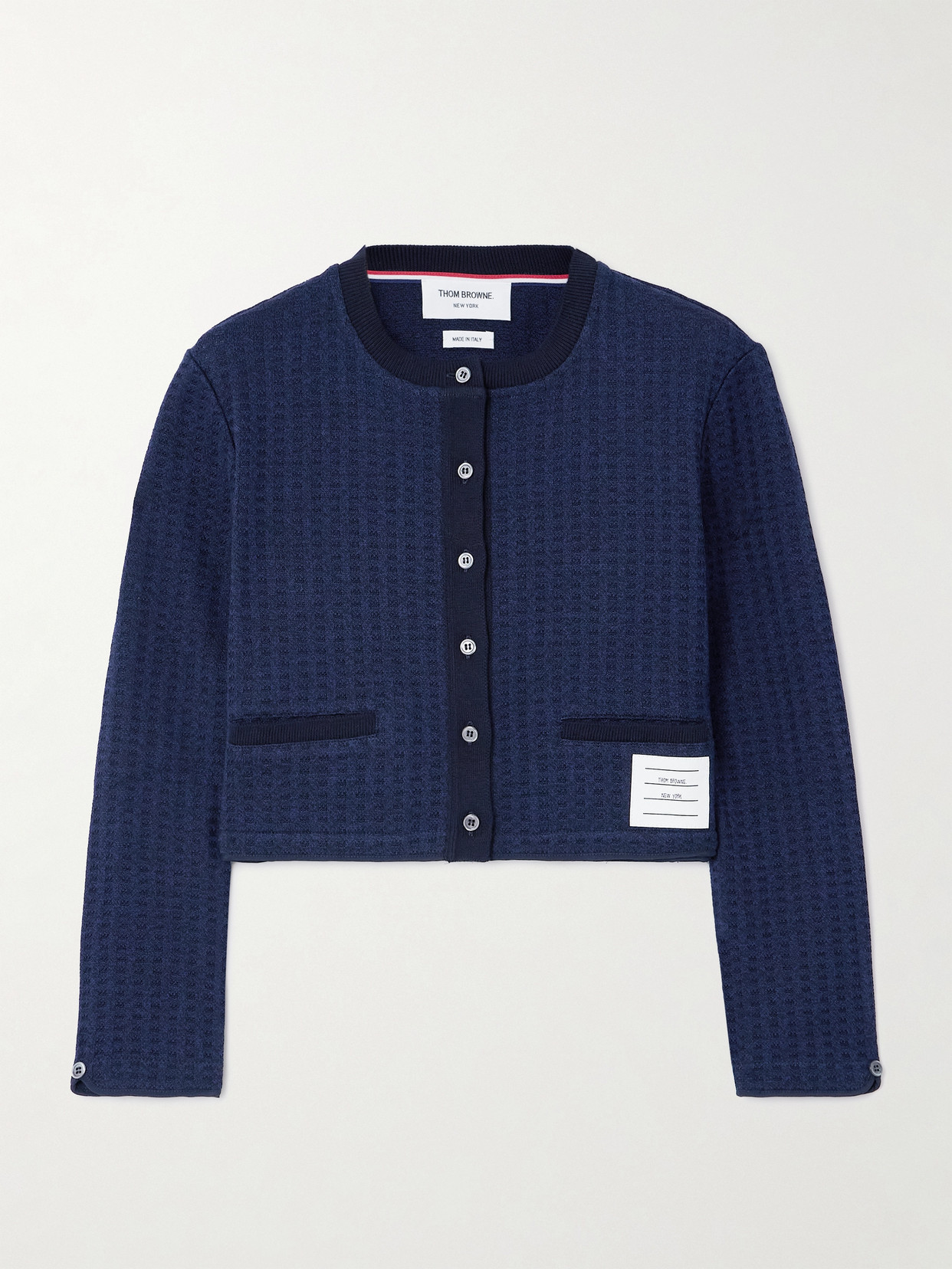 Thom Browne Cropped Appliquéd Waffle-knit Cardigan In Blue