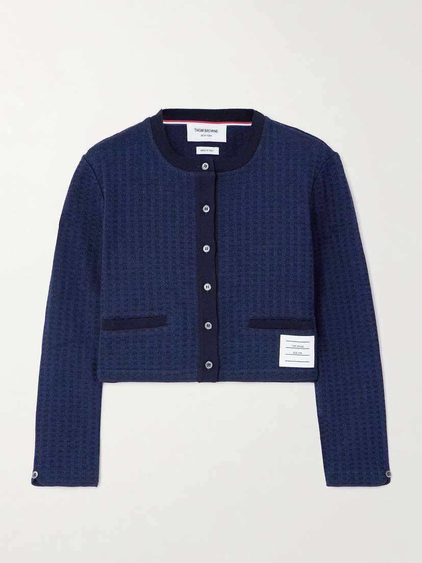 Thom Browne Cropped Appliquéd Waffle-knit Cardigan