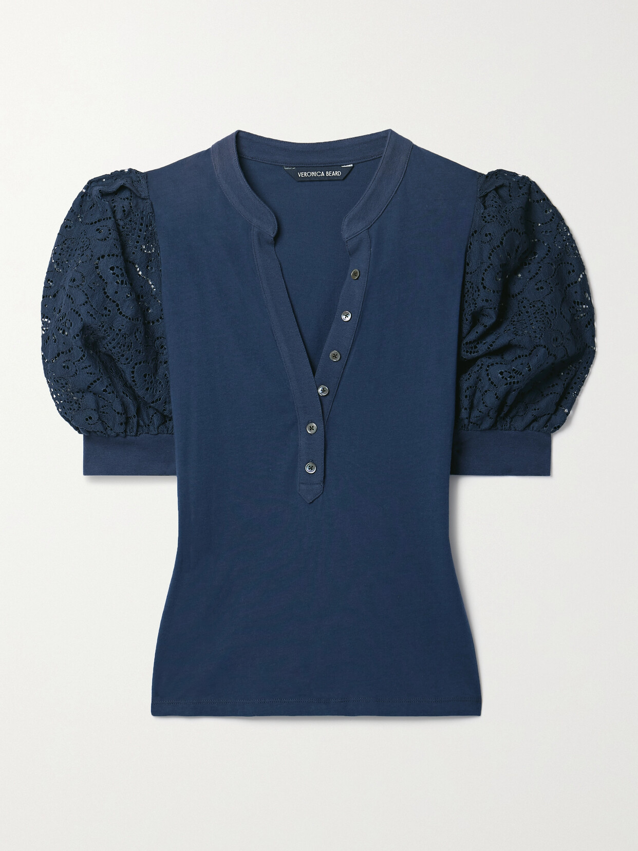 Shop Veronica Beard Coralee Lace-trimmed Cotton-jersey Blouse In Blue