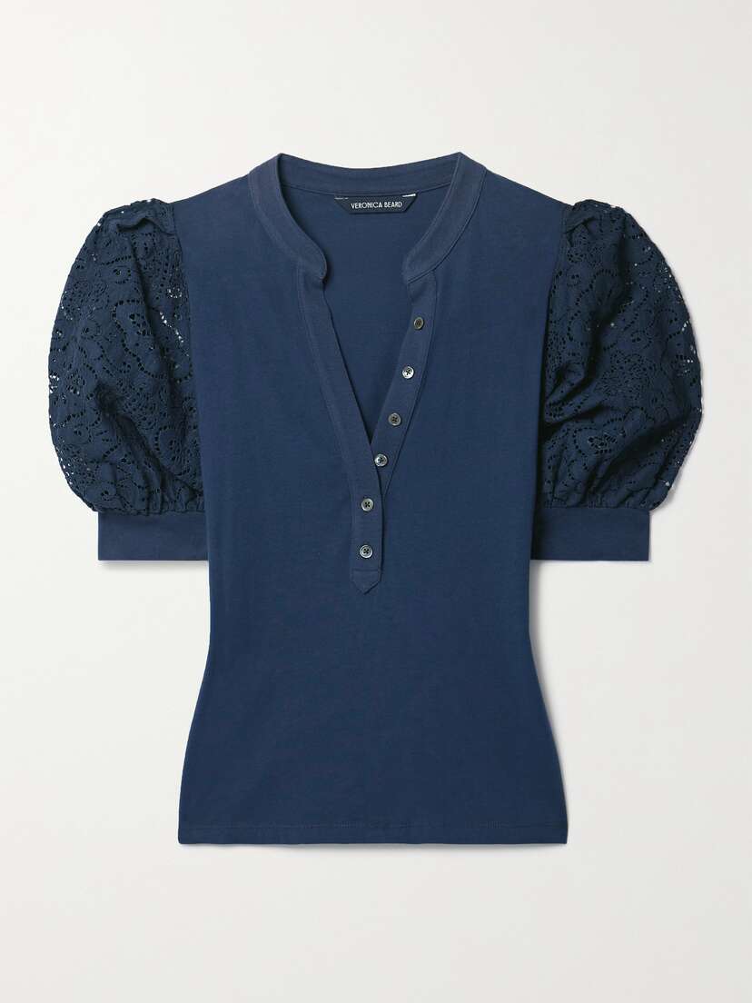 Veronica Beard Coralee Lace-trimmed Cotton-jersey Blouse