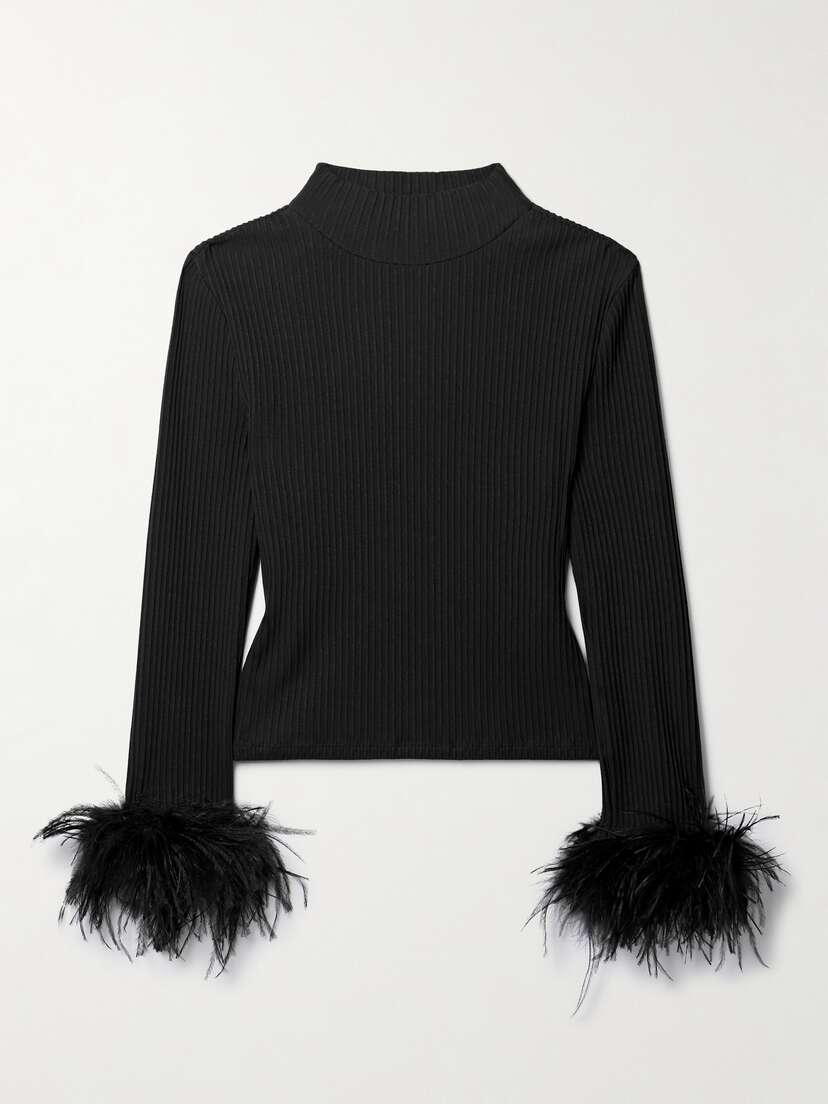 Veronica Beard Pierre Feather-trimmed Ribbed Cotton Top - x large