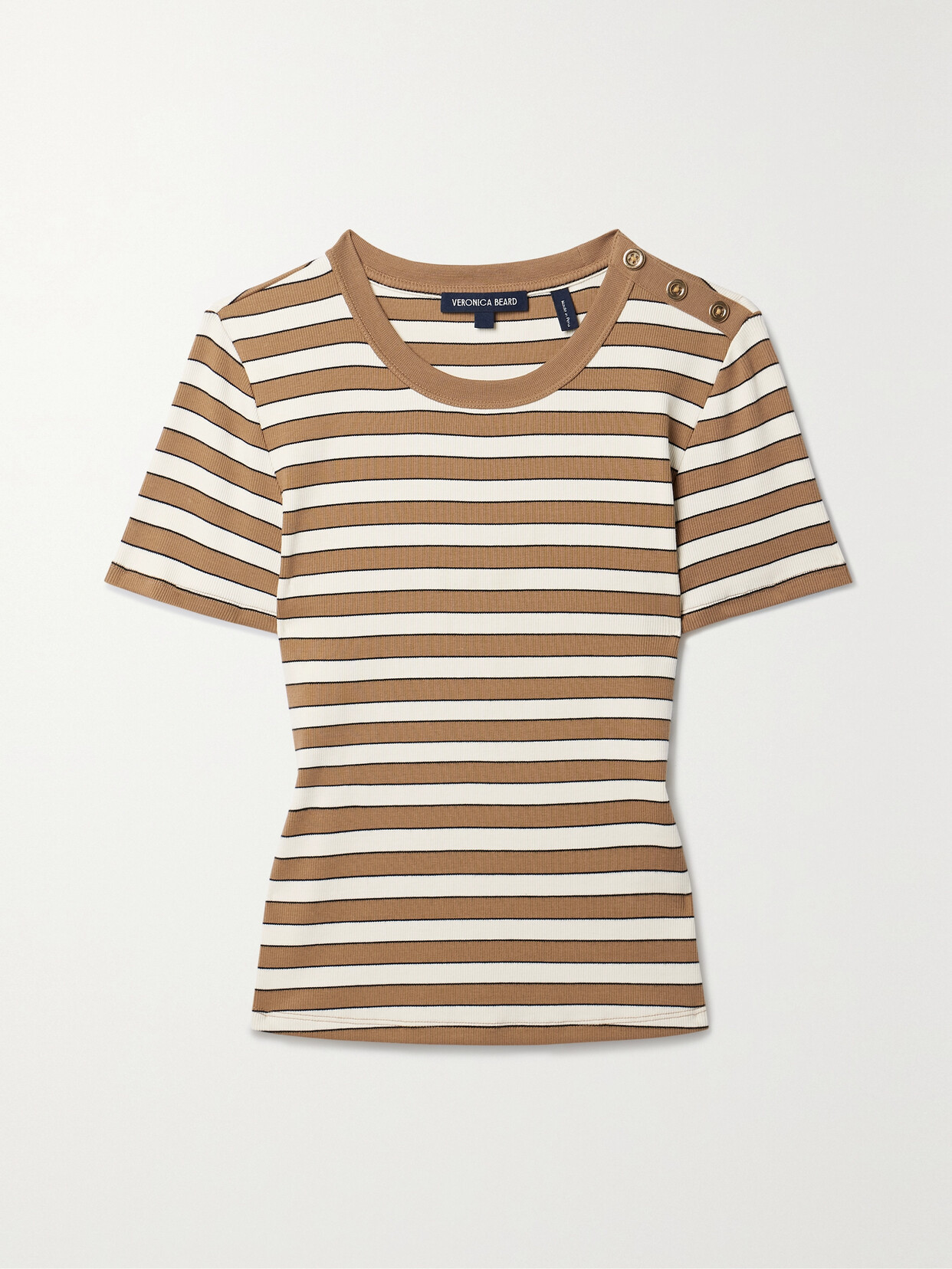 Veronica Beard Draya Button-embellished Striped Stretch Cotton-jersey T-shirt In Brown
