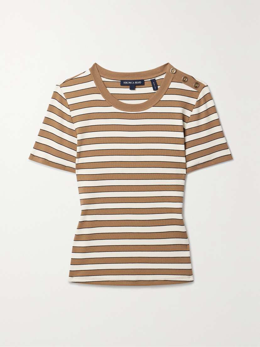 Veronica Beard Draya Button-embellished Striped Stretch Cotton-jersey T-shirt - - x large