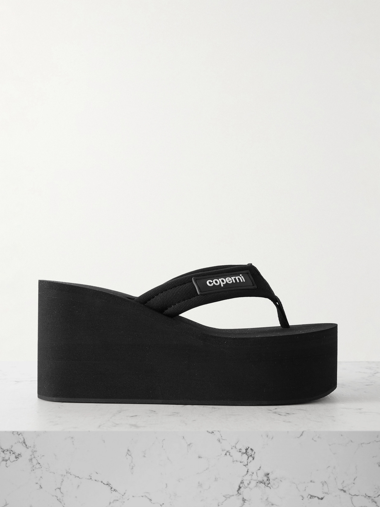 Coperni Logo-appliquéd Webbing Wedge Flip Flops In Black