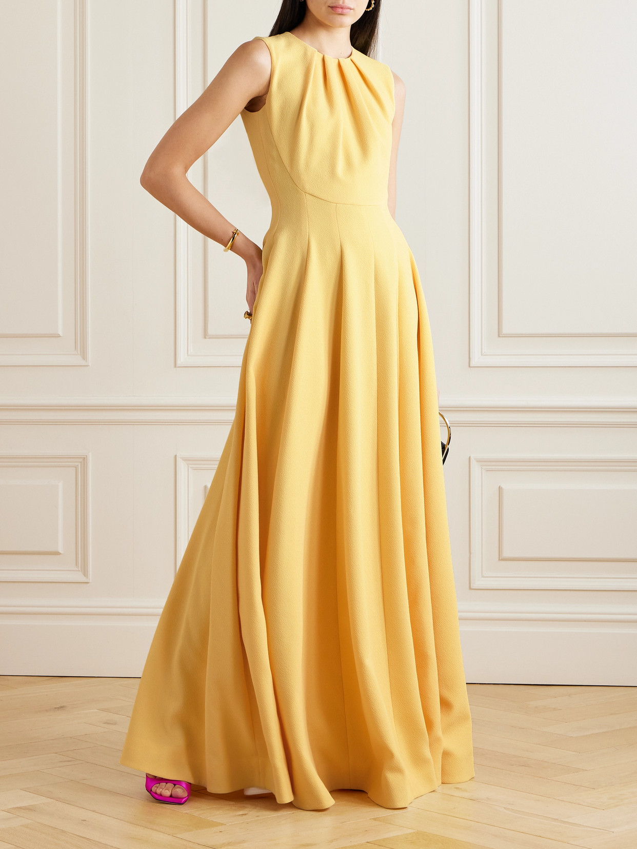 Shop Emilia Wickstead Marlease Pleated Stretch-crepe Gown In Yellow