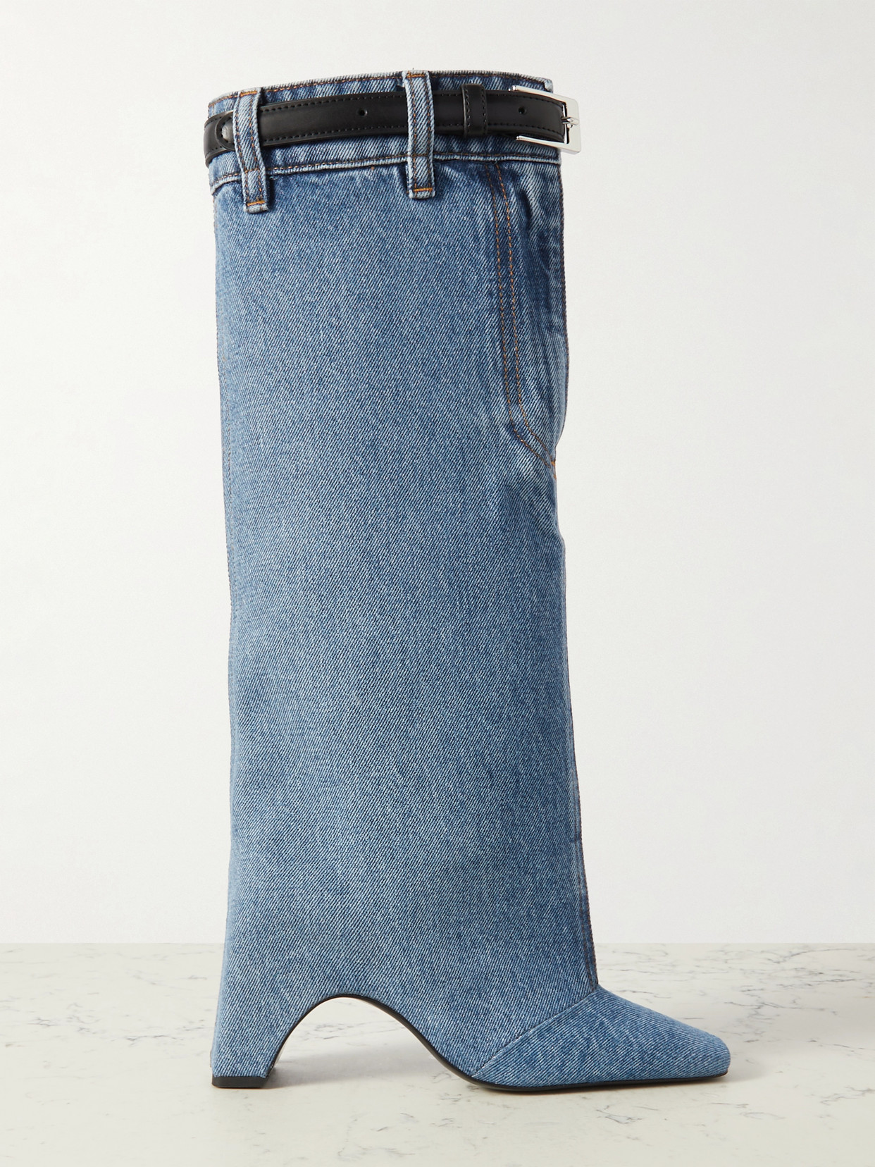 Coperni Bridge Buckled Leather-trimmed Denim Knee Boots In Blue