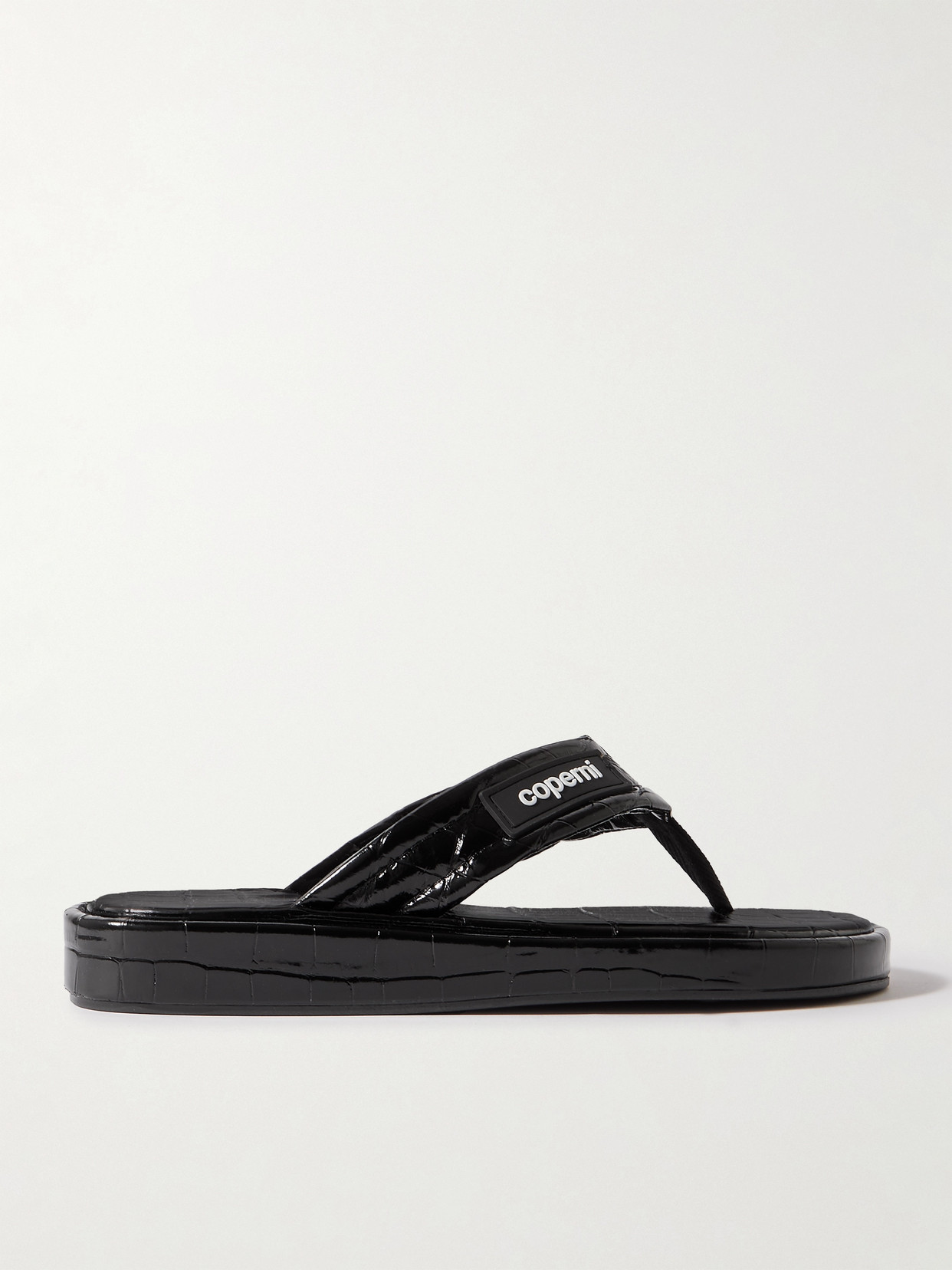 Coperni Logo-appliquéd Rubber-trimmed Croc-effect Patent Leather Flip Flops In Black