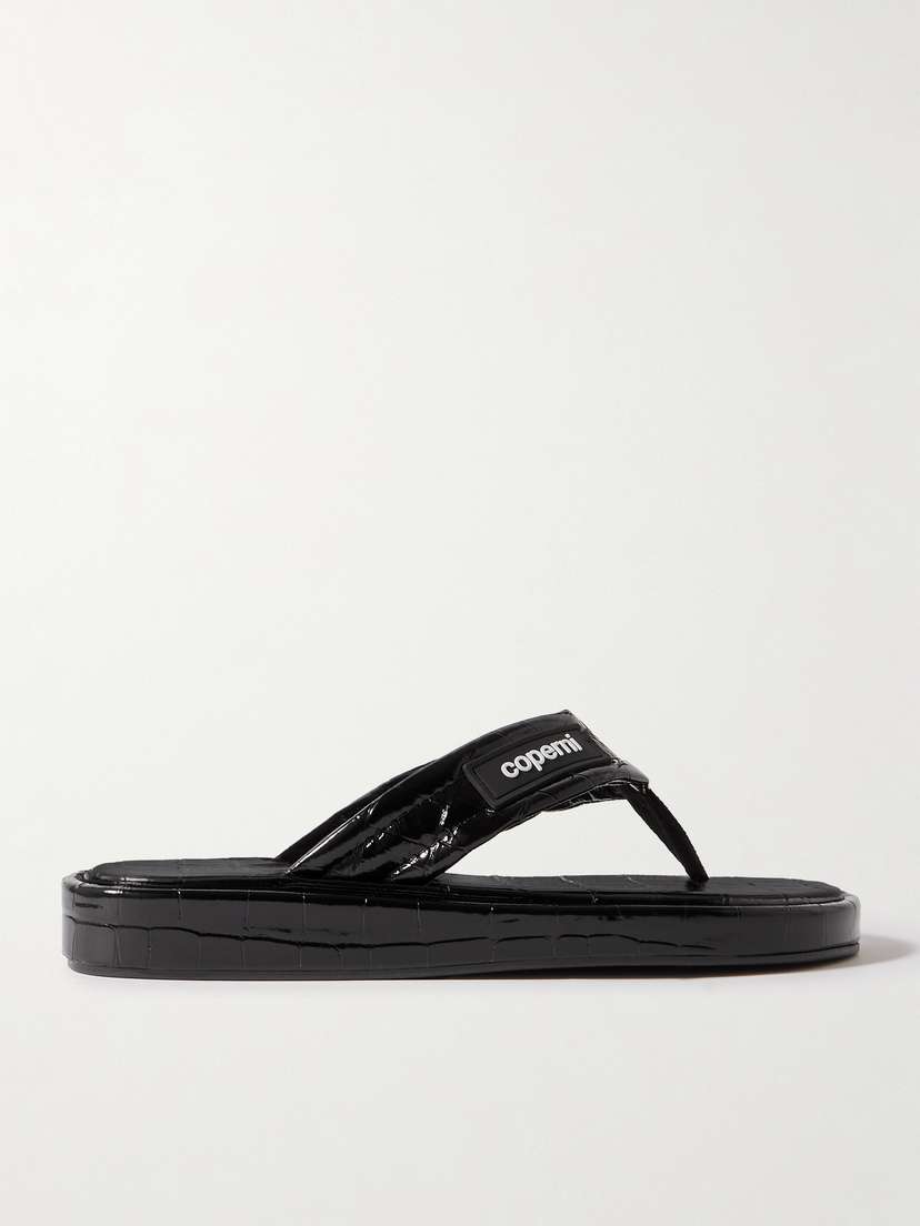Coperni Logo-appliquéd Rubber-trimmed Croc-effect Patent Leather Flip Flops
