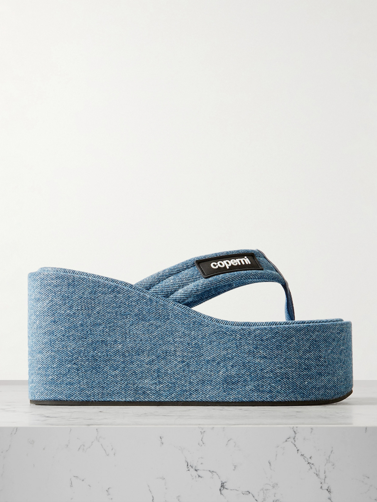 Coperni Logo-appliquéd Denim Wedge Flip Flops In Blue