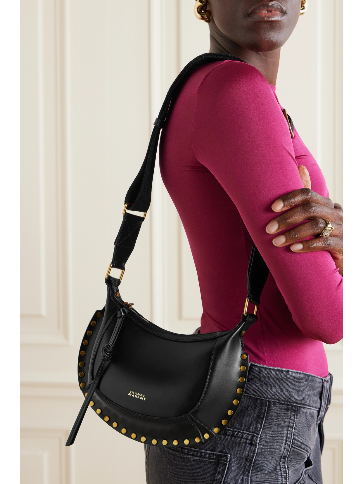 Isabel Marant Mini Moon Stud-embellished Leather Shoulder Bag In Black