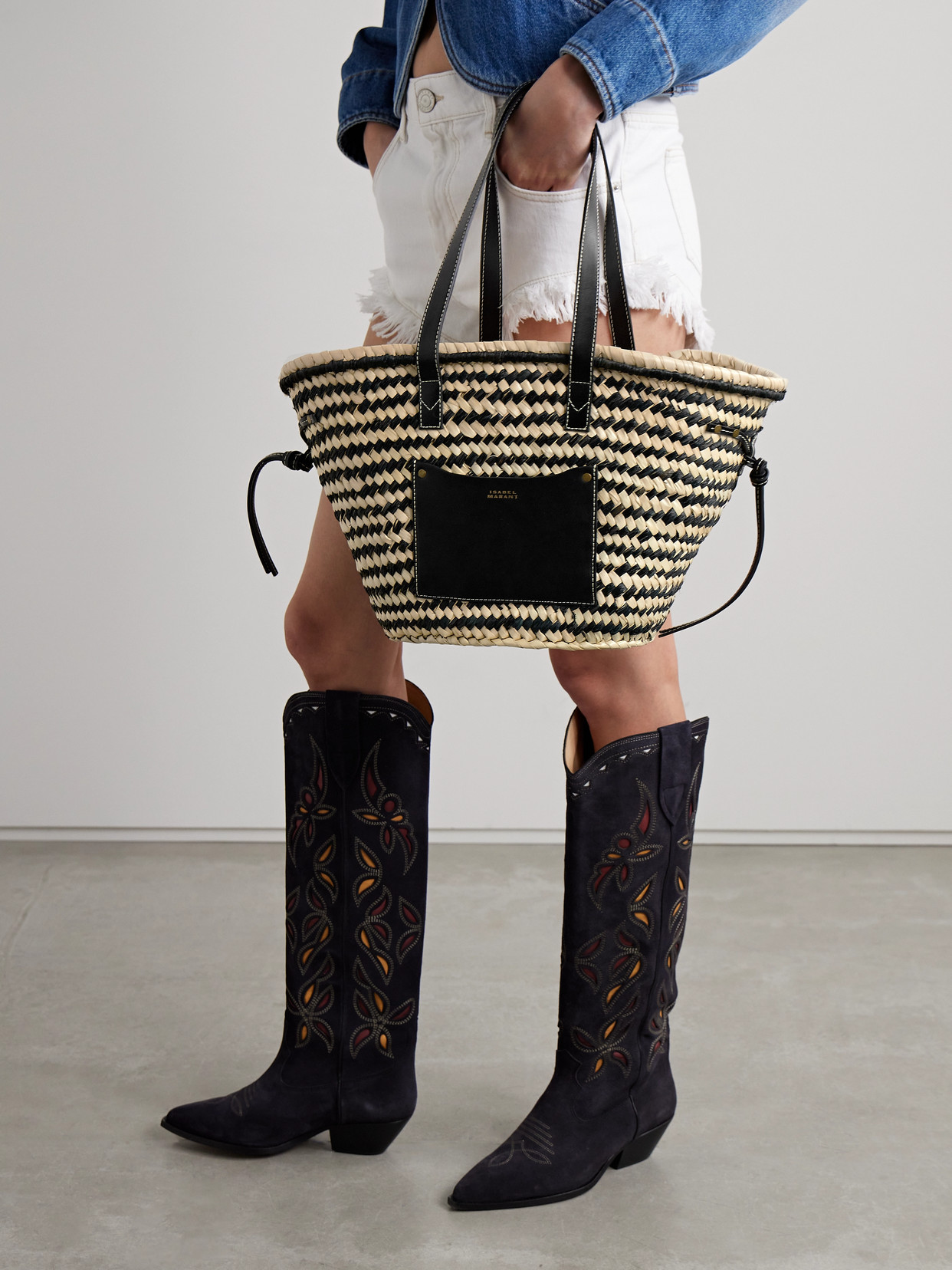 Shop Isabel Marant Cadix Leather-trimmed Raffia Tote In Black