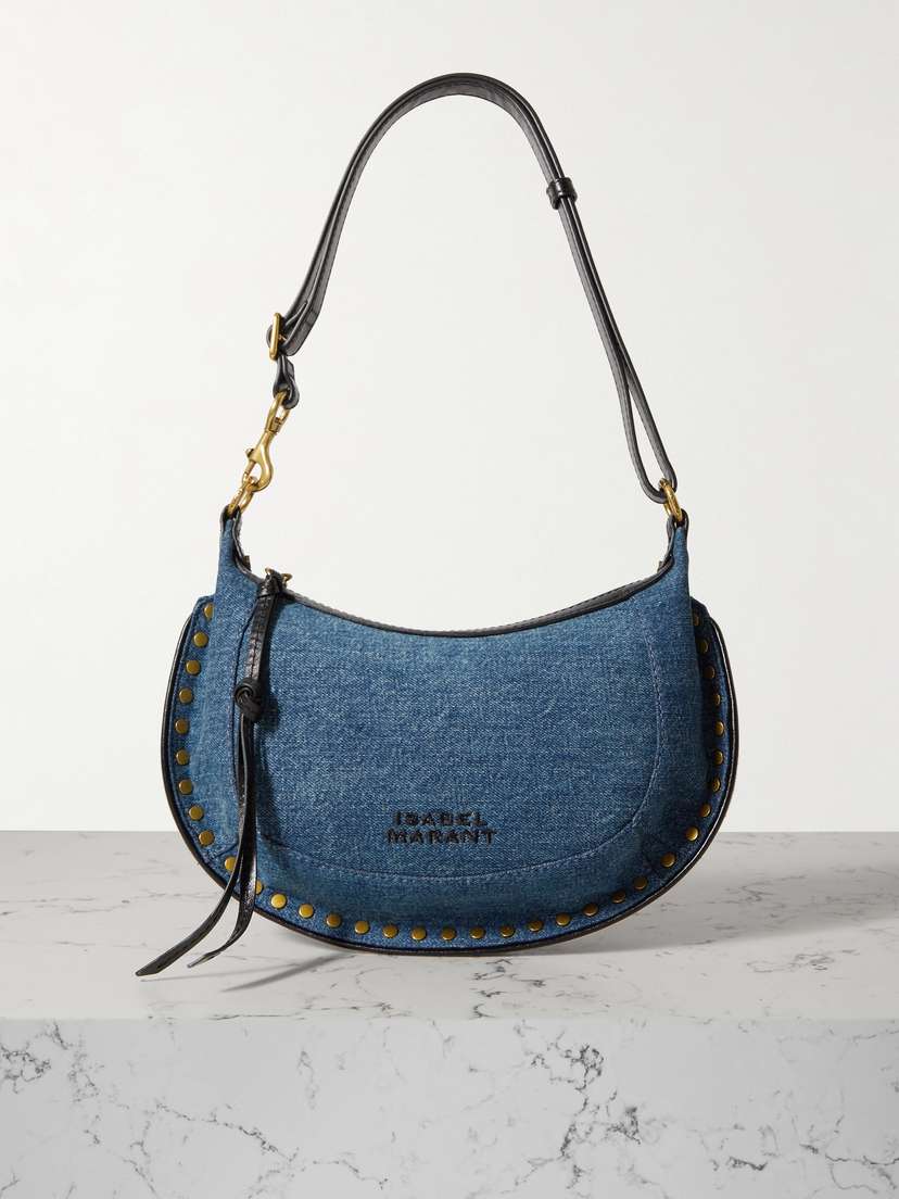 Isabel Marant Oskan Moon Leather-trimmed Studded Denim Shoulder Bag