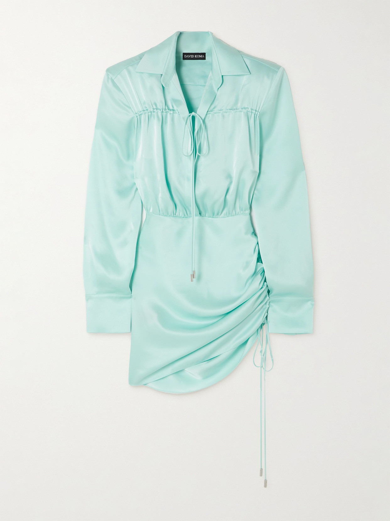 DAVID KOMA - Ruched Satin Mini Shirt Dress - Blue