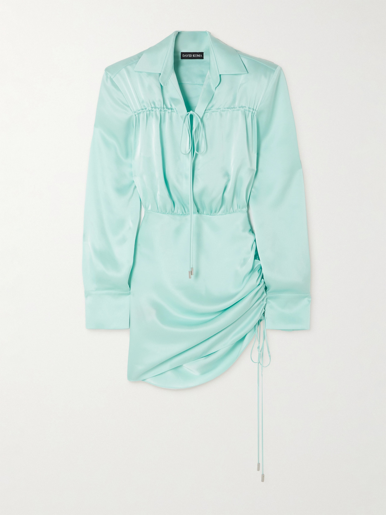 David Koma Ruched Satin Mini Shirt Dress In Blue