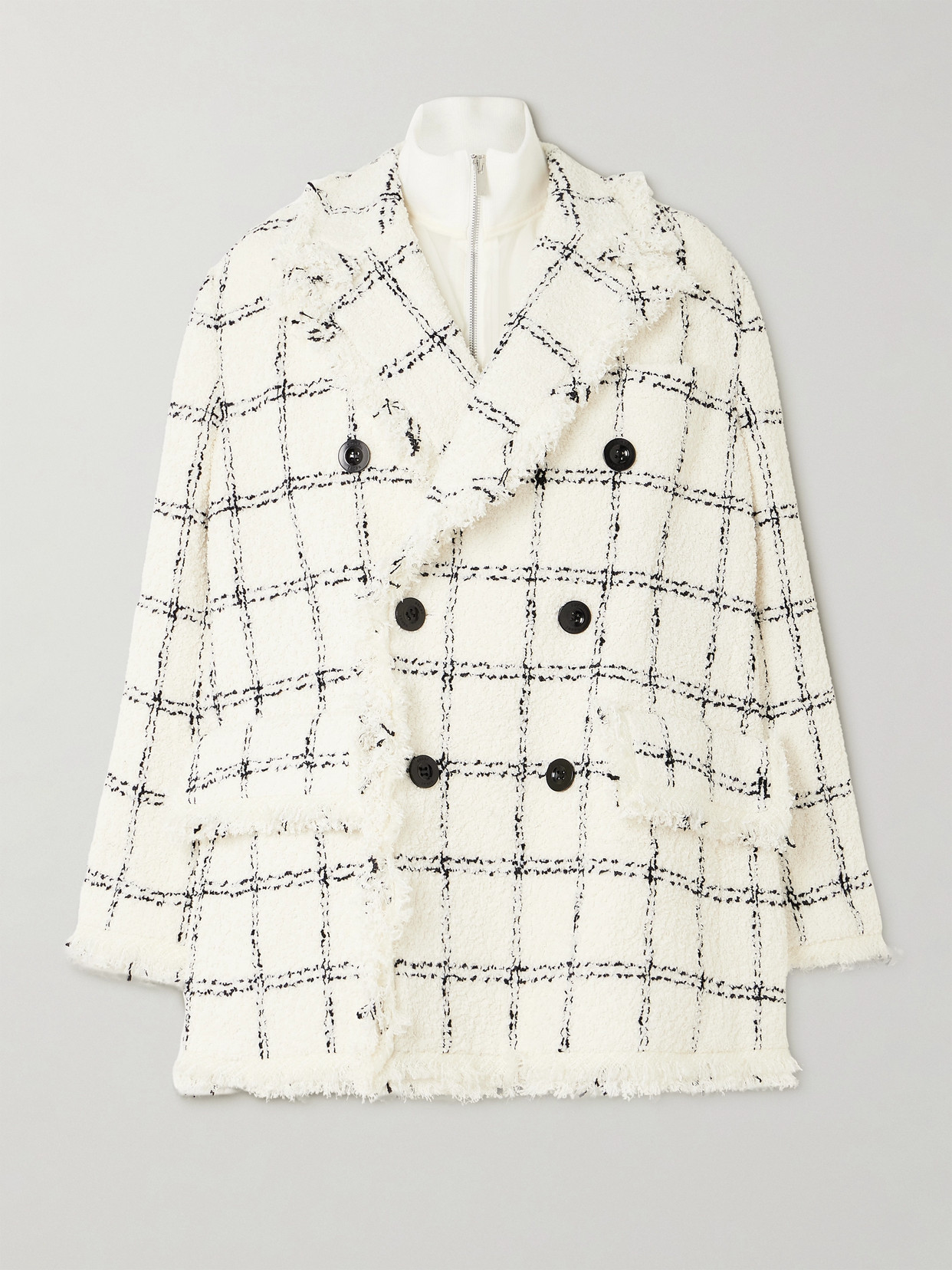 Sacai Ribbed Layered Frayed Checked Wool-blend Tweed Jacket In Neutrals