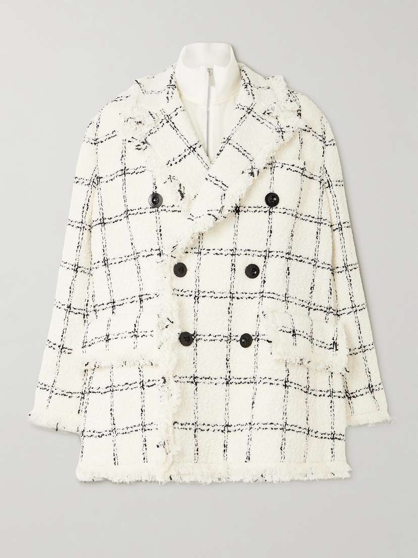 Sacai Ribbed Layered Frayed Checked Wool-blend Tweed Jacket