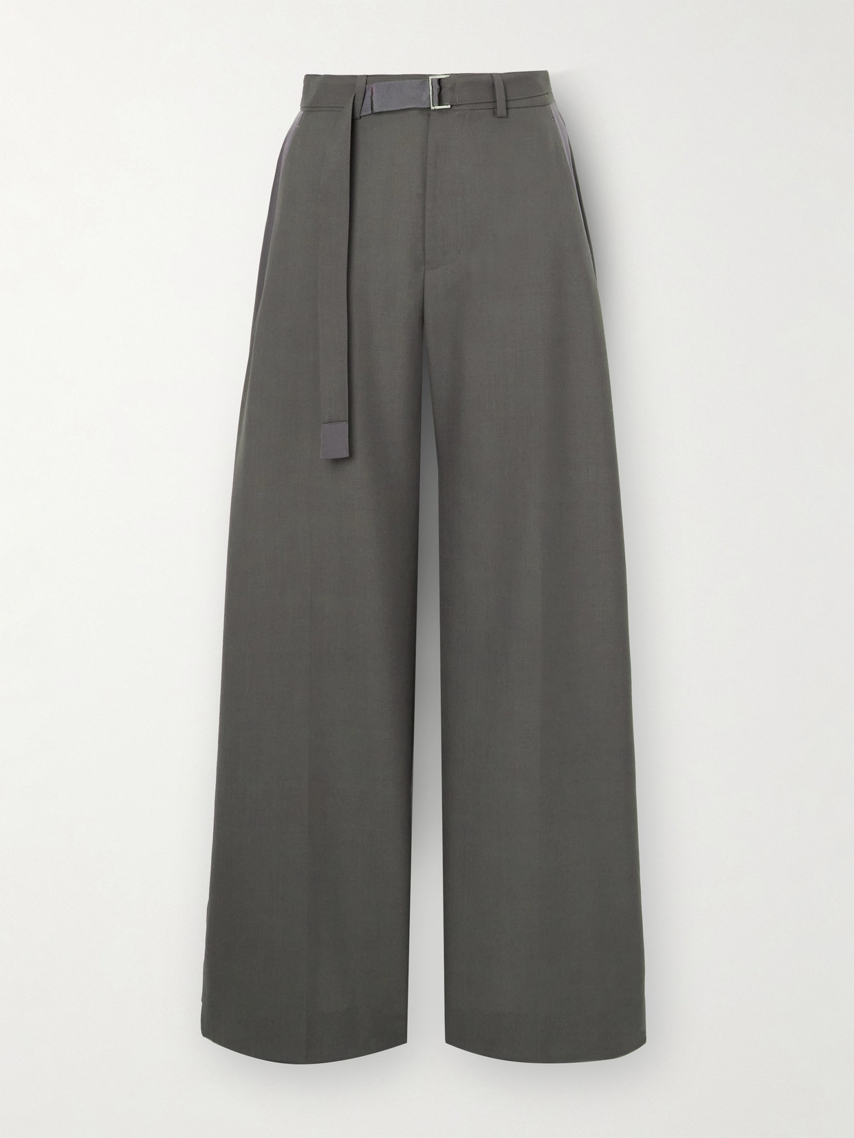 Sacai - Belted Satin-trimmed Cady Wide-leg Pants - Neutrals