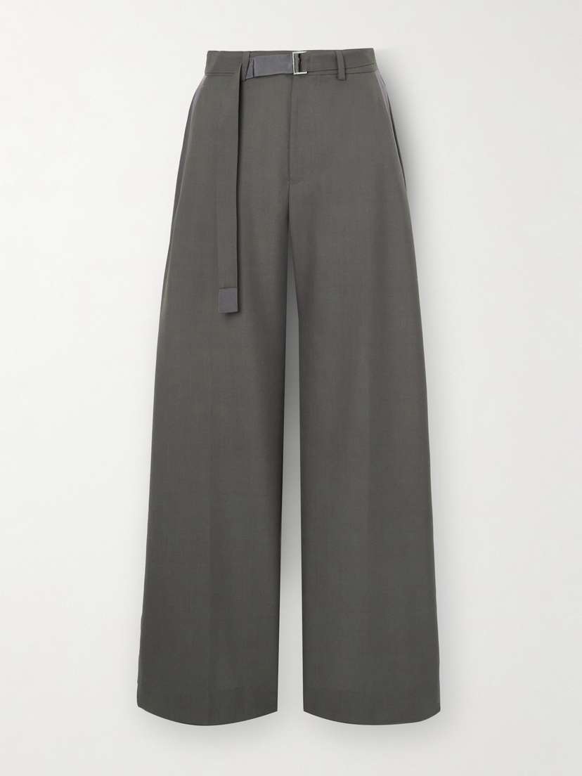 Sacai Belted Satin-trimmed Cady Wide-leg Pants