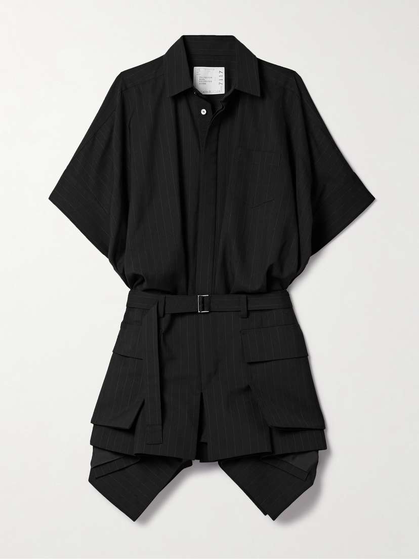 Sacai Belted Pinstriped Asymmetric Woven Mini Dress